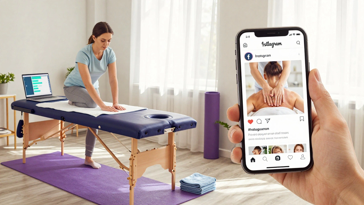 Фрілансер-масажист працює вдома: на столі ноутбук і телефон, видно повідомлення в Telegram та Instagram.