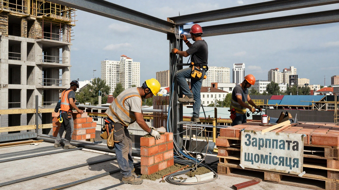 Група будівельників працює на реконструйованій висотній будівлі: кладе цеглу, прокладає проводку, зварює балки.