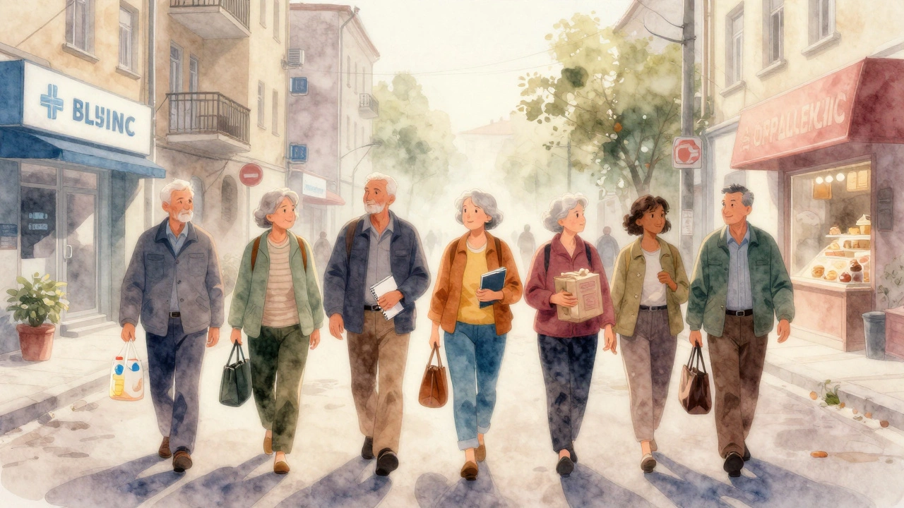 Група пенсіонерів йдуть до роботи вранці по вулиці Києва з різними речами