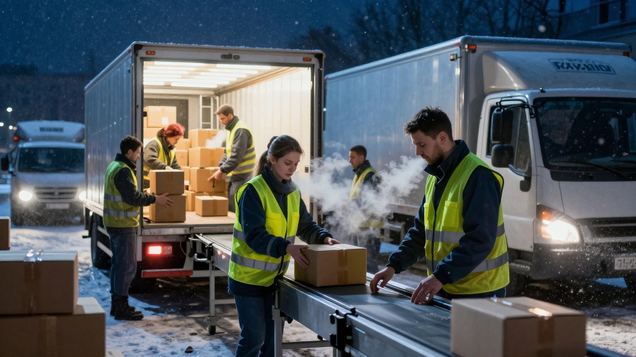 Група працівників складу завантажує вантажівку вночі під снігом у Києві.
