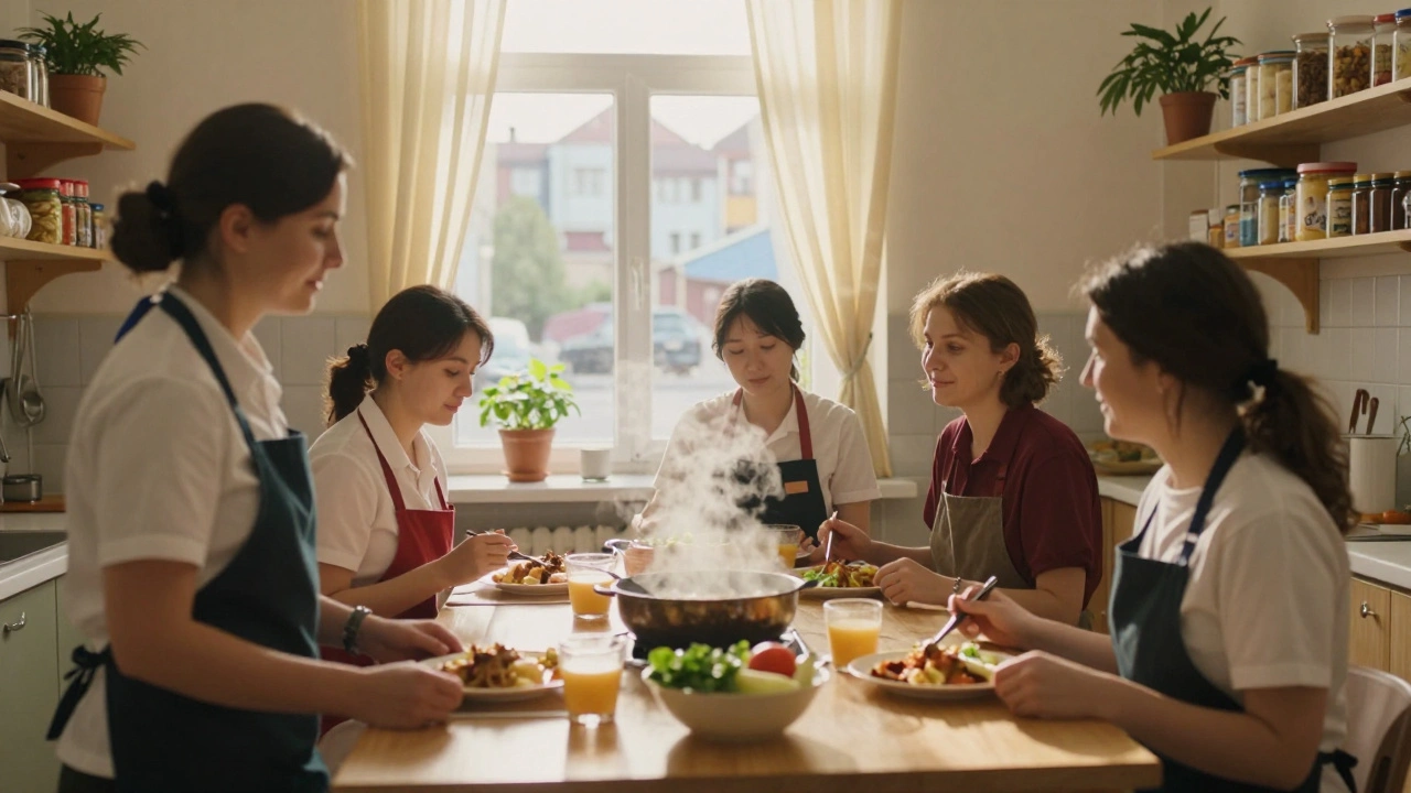 Група жінок різних професій їдять разом у спільній кухні гуртожитку в Києві.