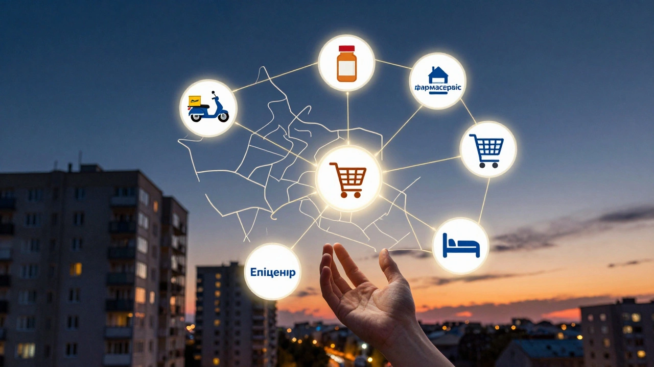 Карта Борщагівки з іконами роботодавців і нитками, що з’єднують їх з людьми, символізує доступ до роботи.