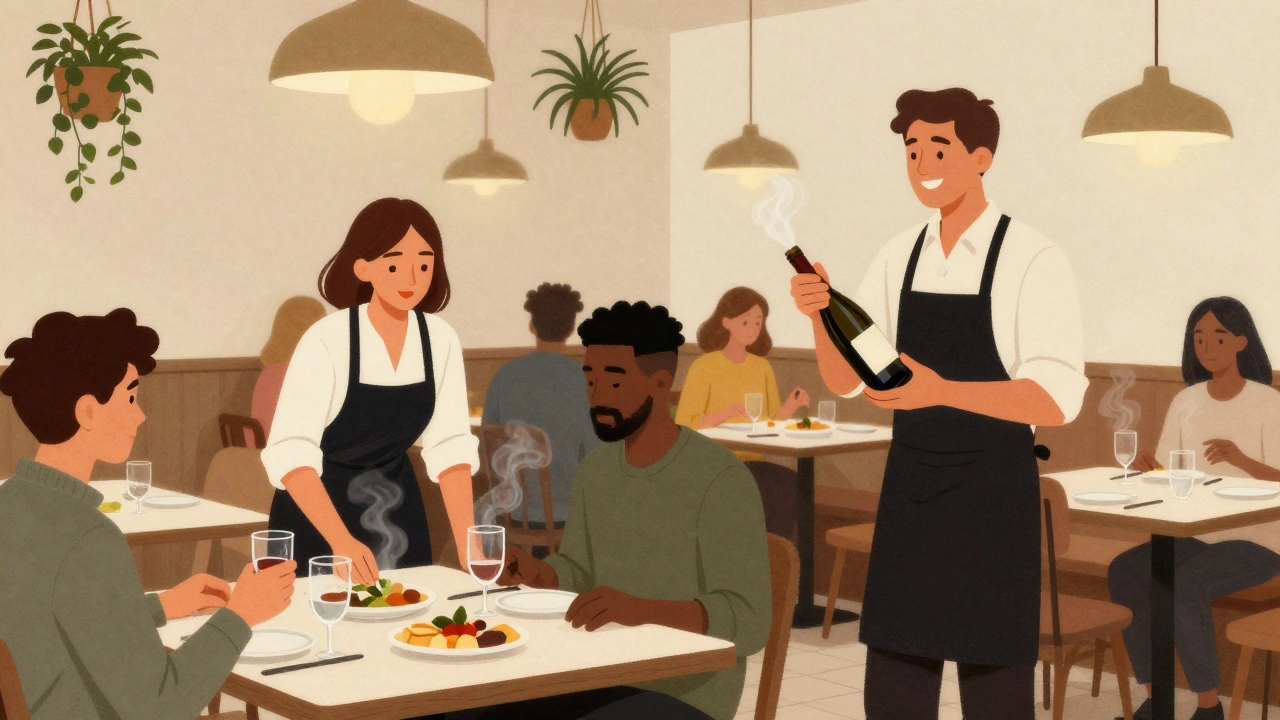 Команда офіціантів працює в сучасному бістрі Києва, обслуговуючи клієнтів увечері.