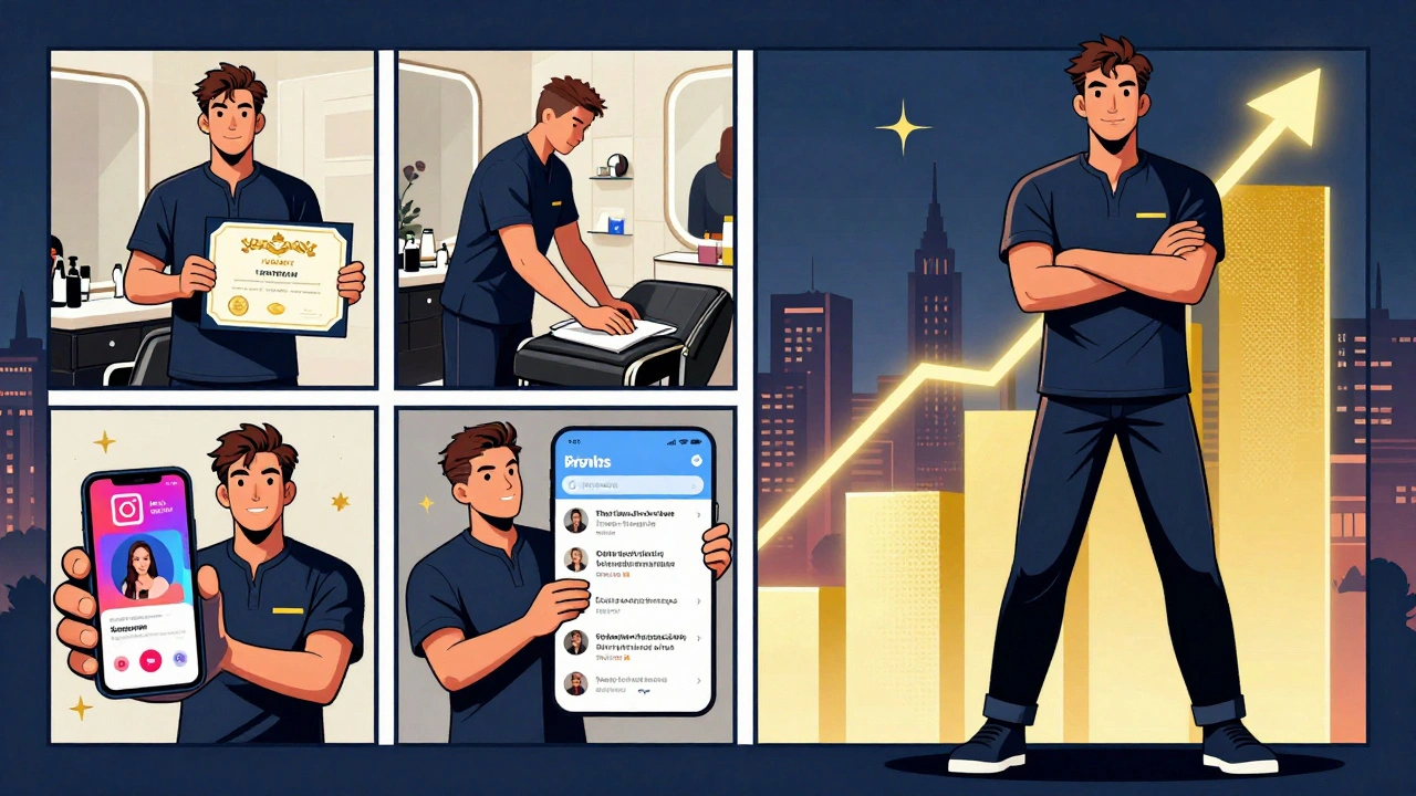 Комікс-стиль: шлях масажистки від сертифікату до успіху в Києві з графіком доходів та відгуками.