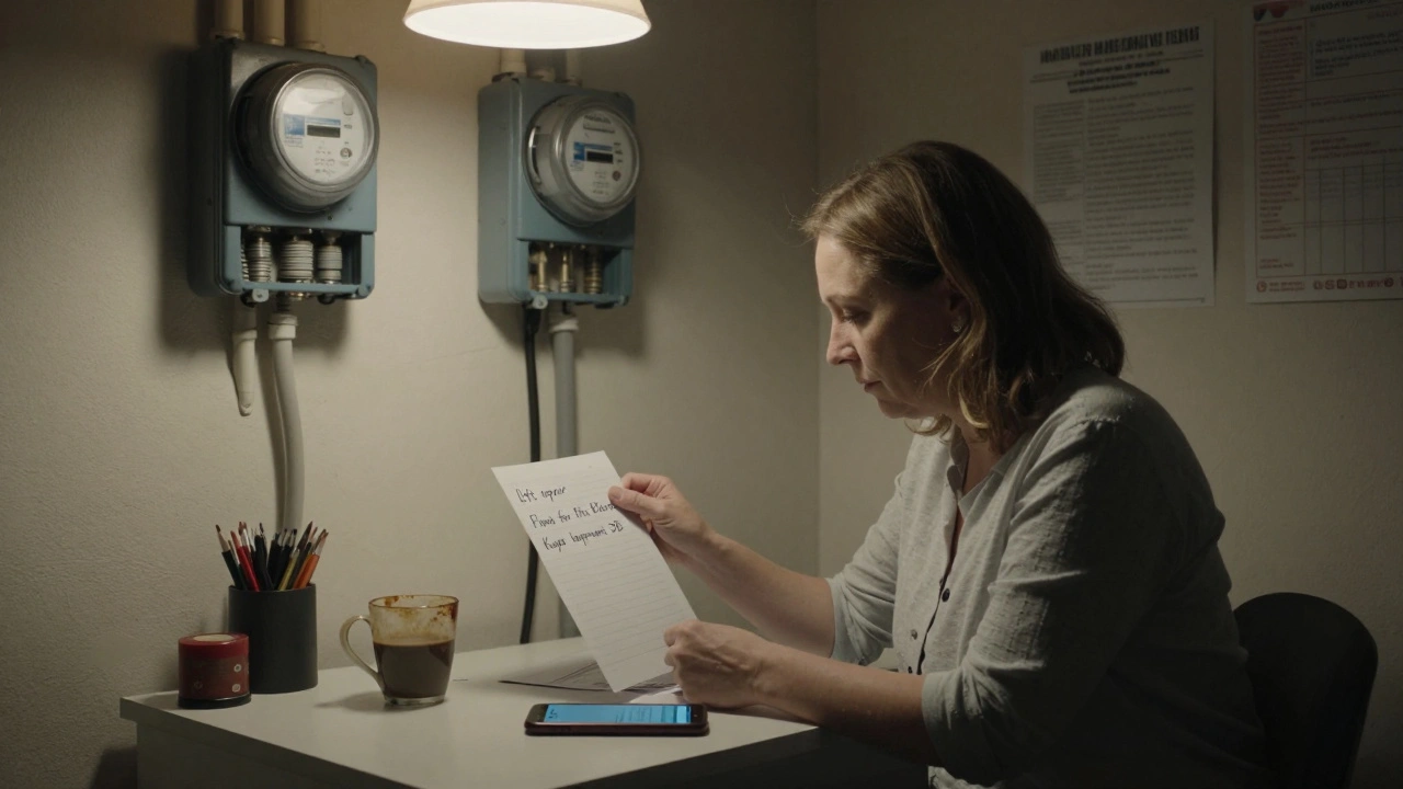 Консьєржка в підвалі будинку в Києві зі списком завдань і телефоном на столі.