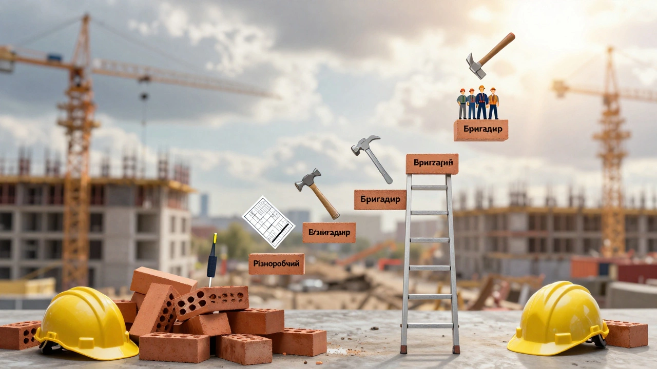 Ліс підйомника, що веде від різноробочого до бригадира, з символами професій на кожній сходинці.