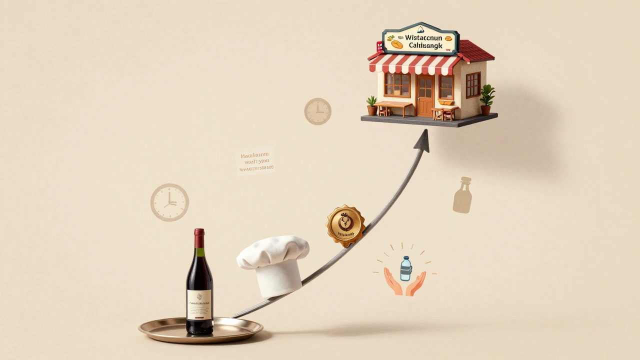 Лісова діаграма з елементами ресторанної роботи, що зображує кар'єрний шлях від офіціанта до власника.