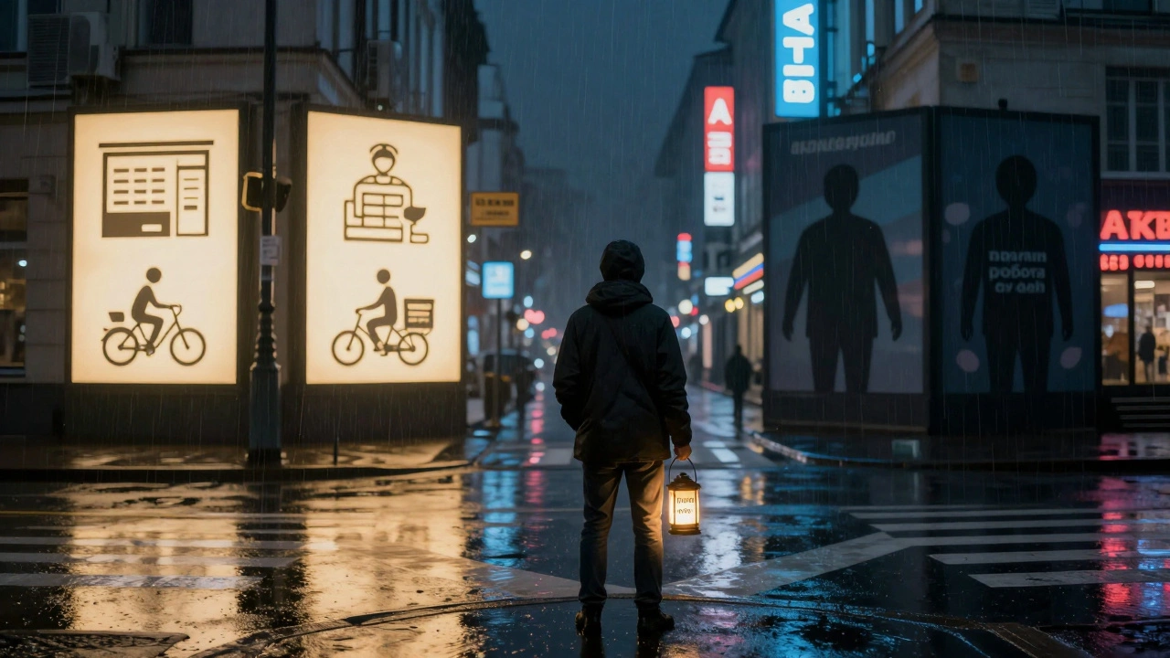 Людина на розі в Києві обирає між справжньою роботою і шахрайством