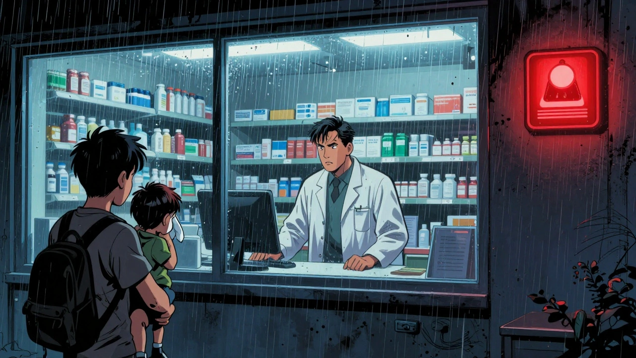 Нічна зміна в аптекі: фармацевт допомагає сім&#039;ї з хворим дитиною.