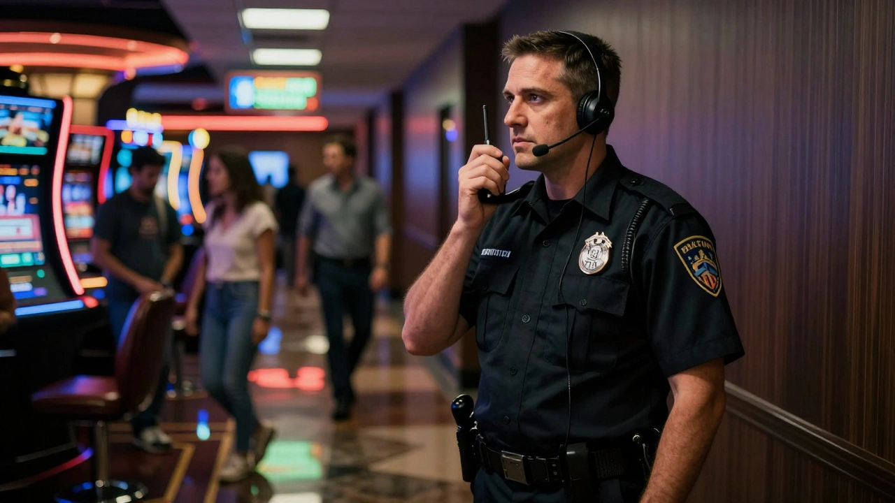 Охоронець казино стоять на посту, уважно спостерігає за навколишнім середовищем у темному коридорі.