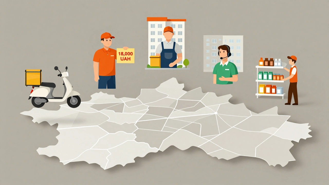 П'ять ікон реальних робіт у Києві: кур'єр, робітник складу, консьєрж, оператор та мерчендайзер.