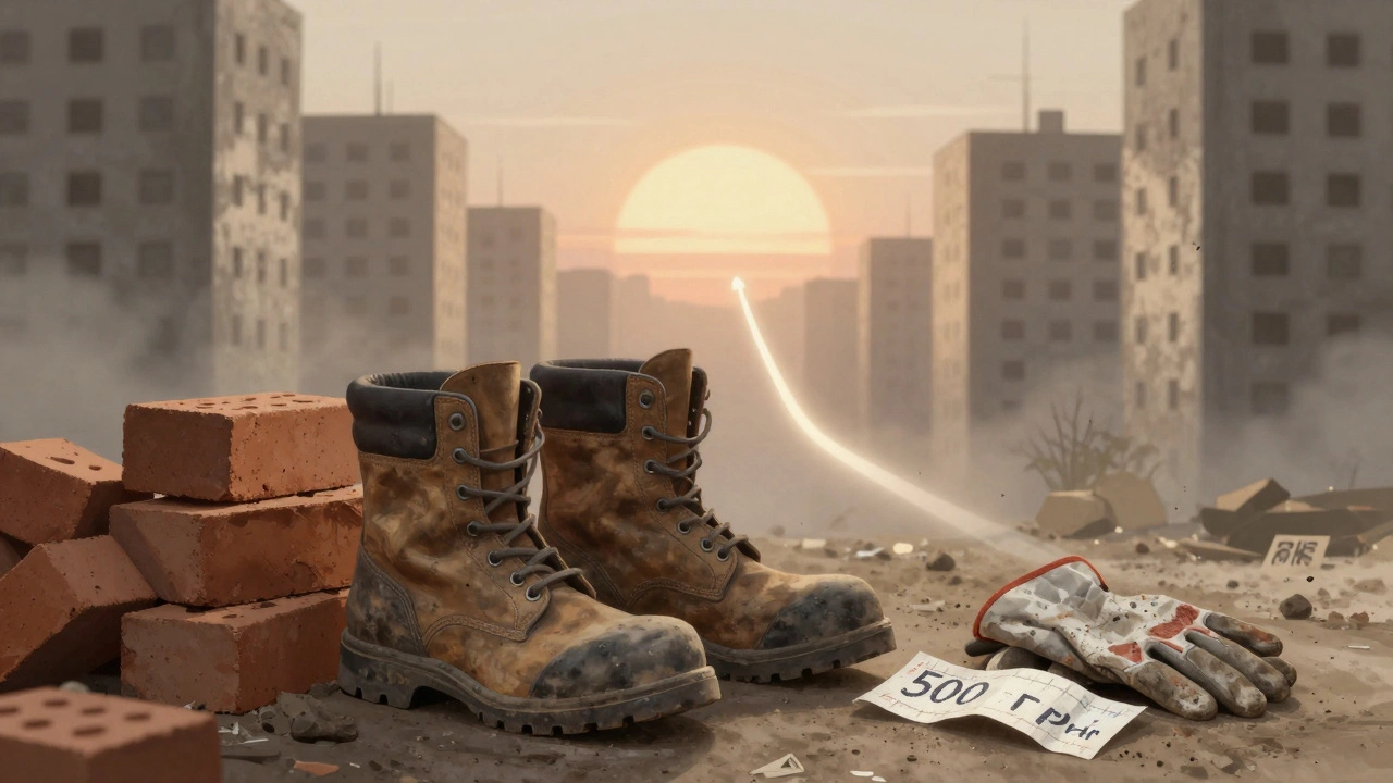 Пара робочих черевиків і рукавички на тлі цегли — символ щоденної праці.