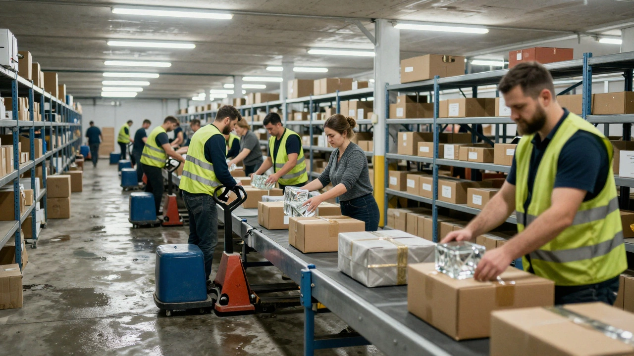 Працівники на конвеєрі у логістичному центрі Києва сортували посилки.