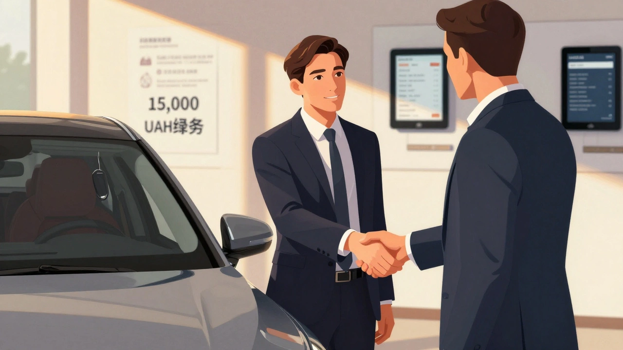 Продавець у салоні автомобілів уклінно робить угоду з клієнтом.