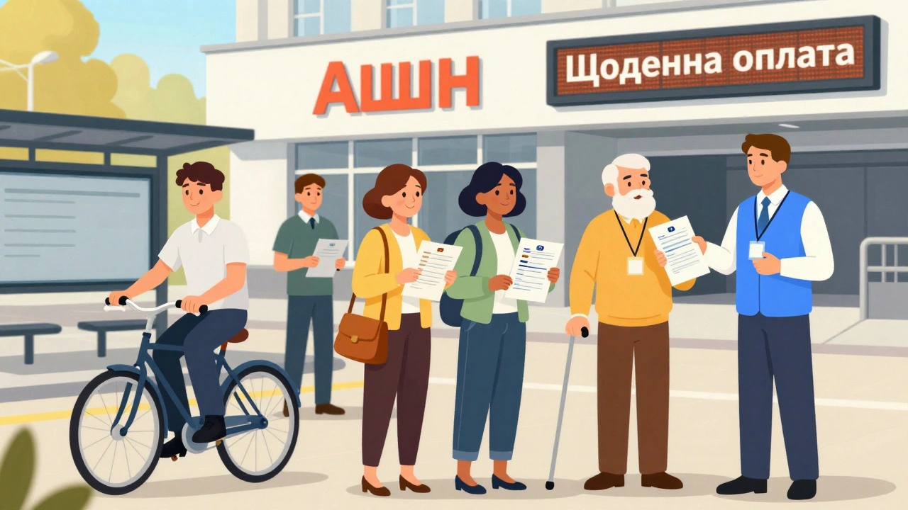 Різні кандидати отримують робочі бейджі перед супермаркетом Ашан у Борщагівці.