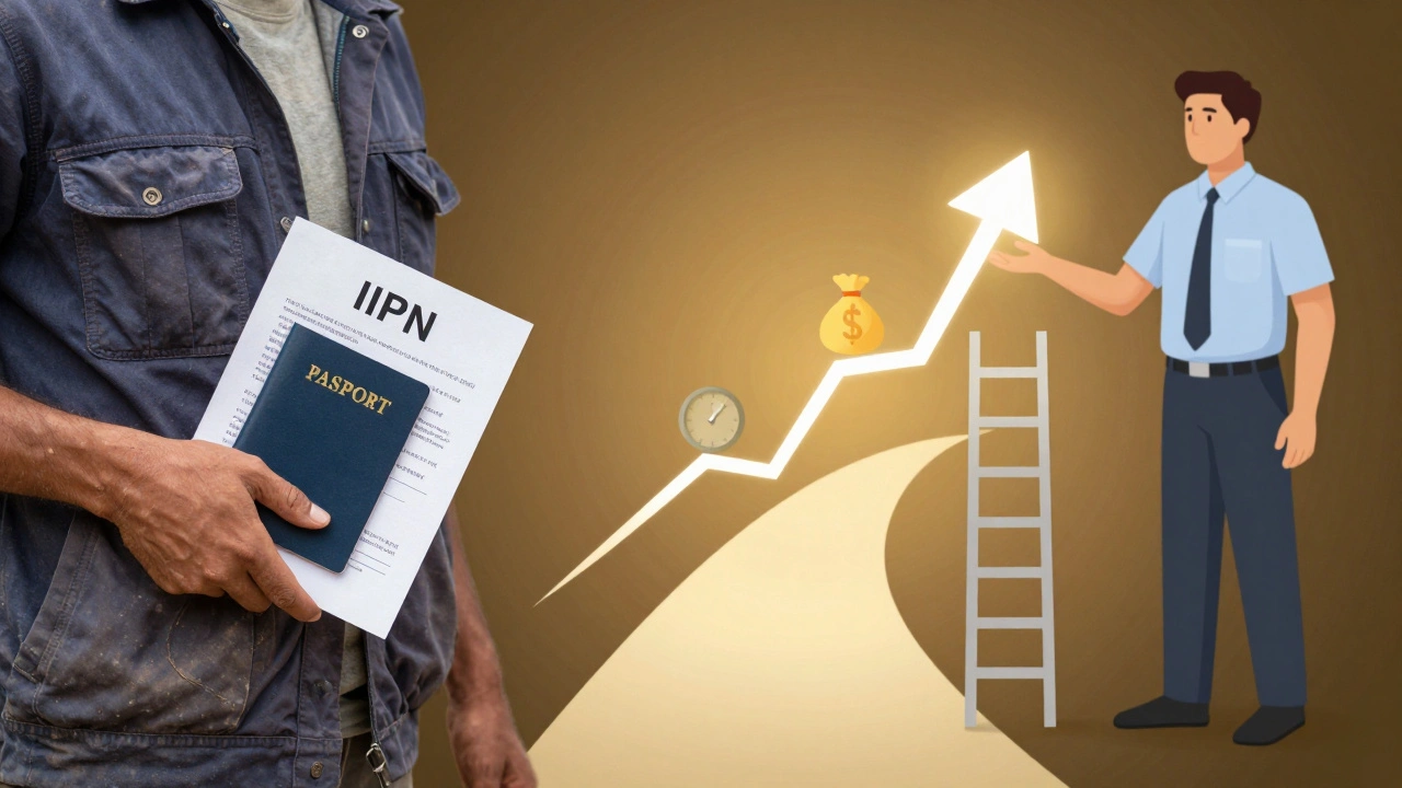 Символічна сцена робітника, який рухається від бідності до професійного зростання на складі.