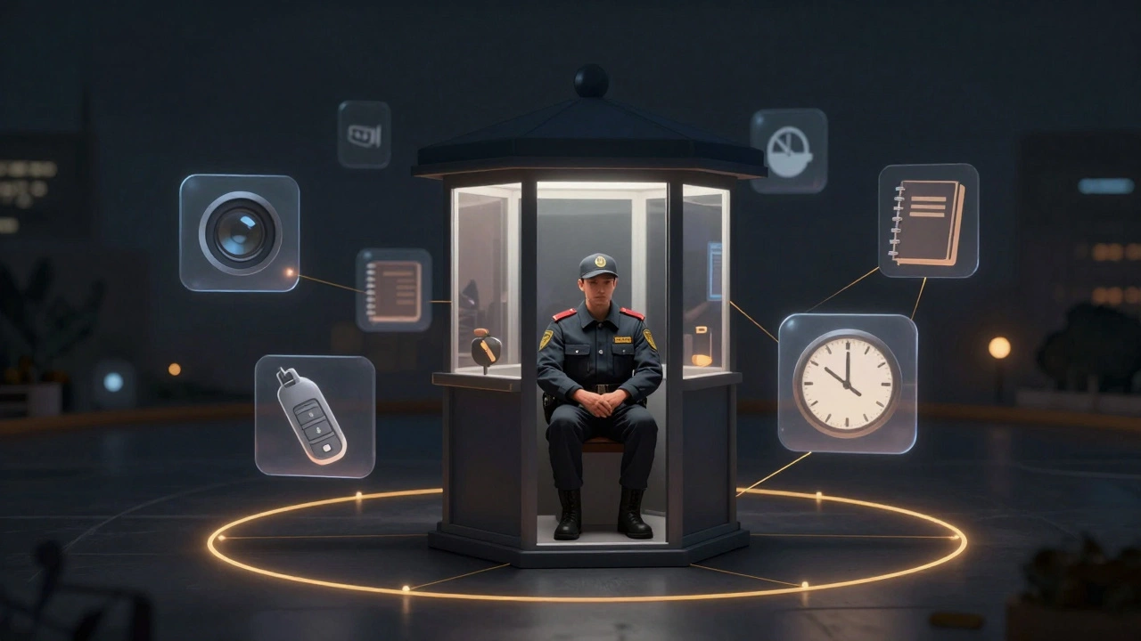 Символічне зображення охоронця з іконами його обов’язків: камера, журнал, телефон, годинник.