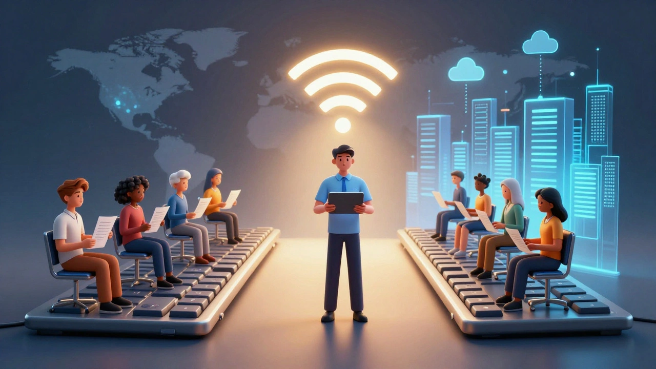 Символічний міст між людьми та цифровим світом, утворений комп’ютерами та сигналами інтернету.