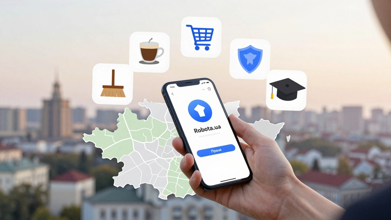 Смартфон з додатками для роботи, оточений символами вакансій у Києві