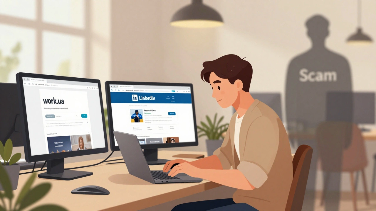 Співробітник шукає роботу в Києві, порівнюючи реальні вакансії зі шахрайськими пропозиціями.