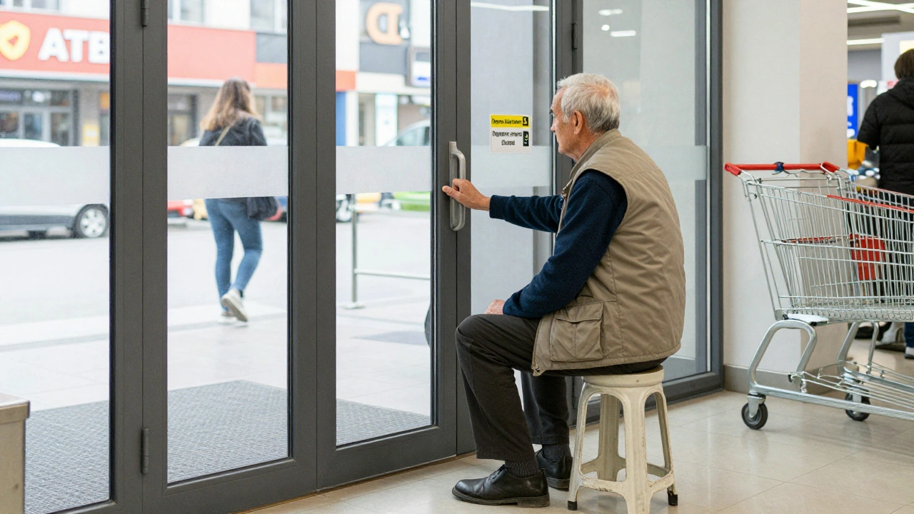Старший чоловік на вхіді до супермаркету відкриває двері для покупців