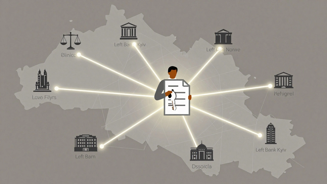 Стилізована карта Лівого берега з іконами компаній, з’єднаних з адміністратором як центром.