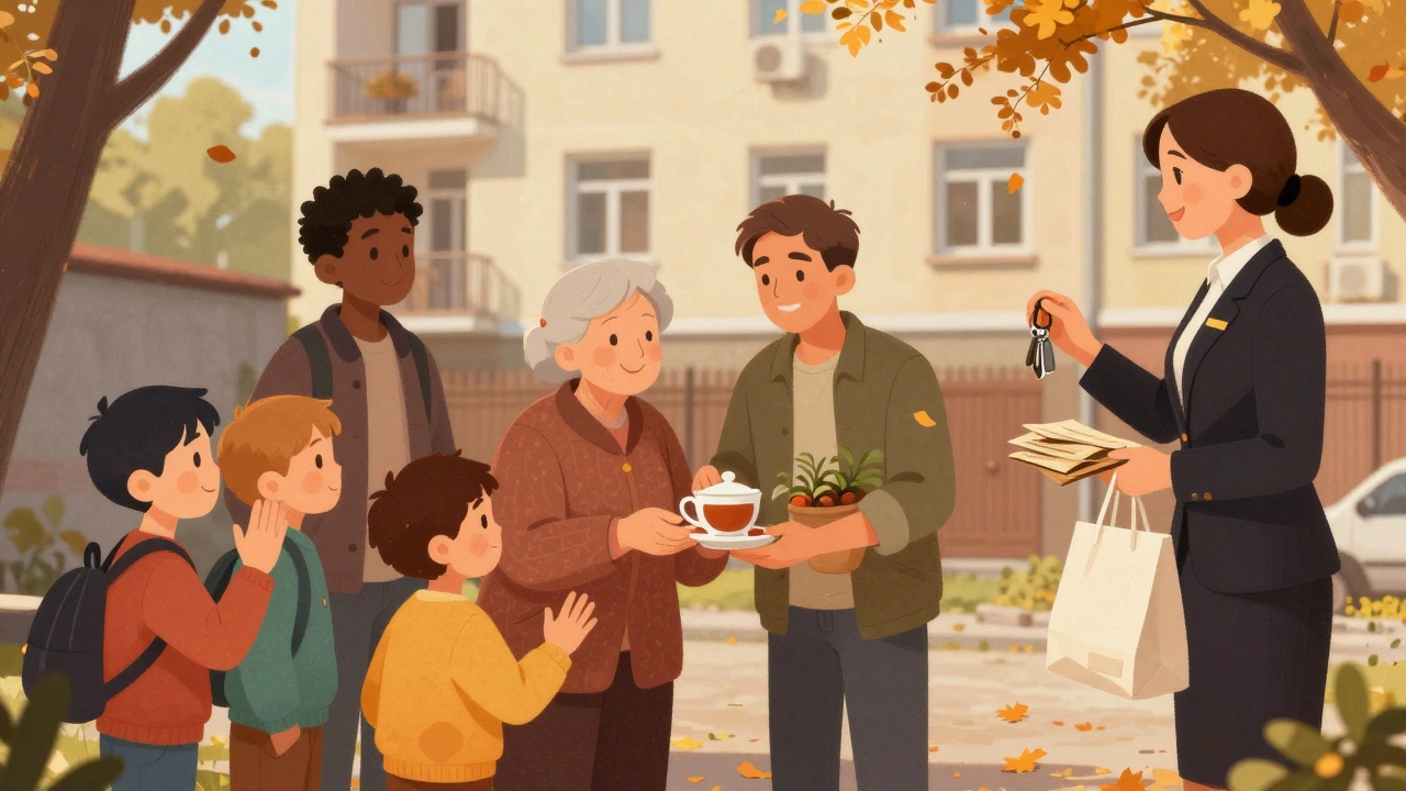 Сусіди вдячно звертаються до консьєржки в дворі будинку в Києві.