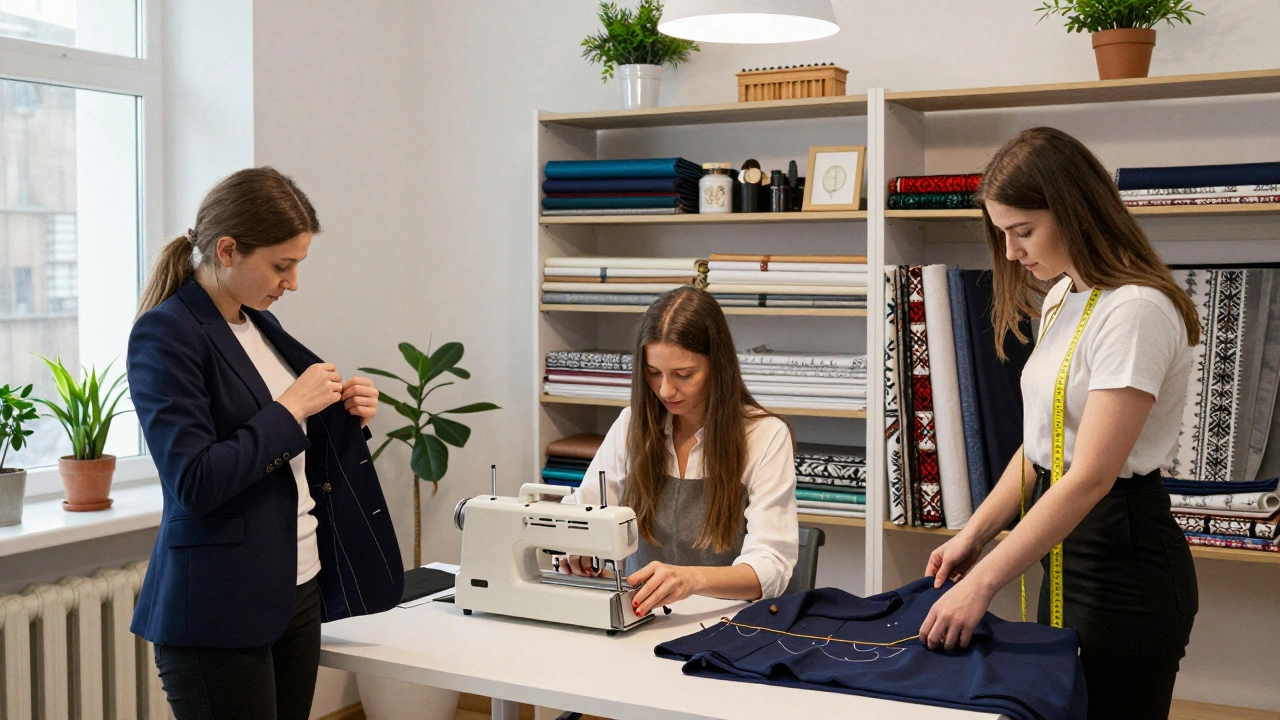 Три швеї працюють в ательє: одна шиє, інша вимірює, третя працює з оверлоком.