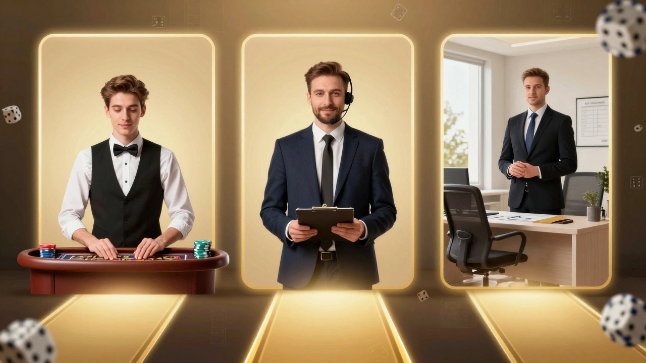 Візуальна історія кар&#039;єрного зростання в казино: від круп&#039;є до менеджера зони.
