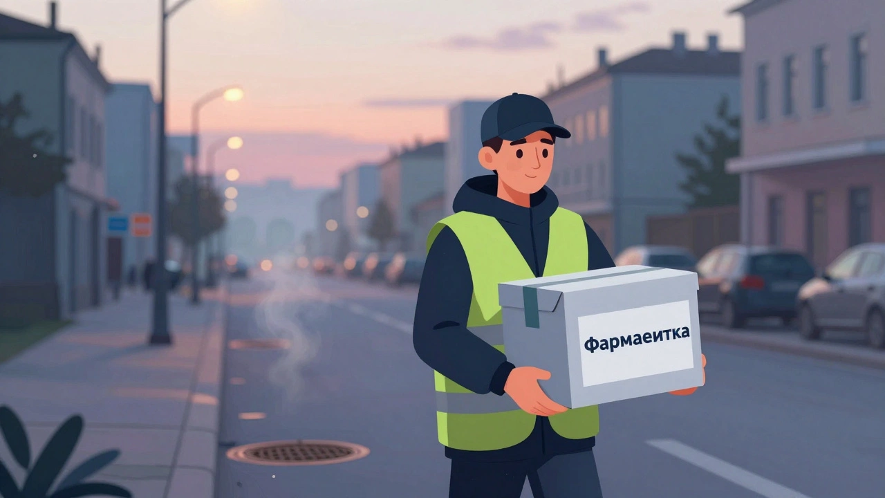 Водій доставляє ліки до лікарні в тихій вулиці Києва зранку.