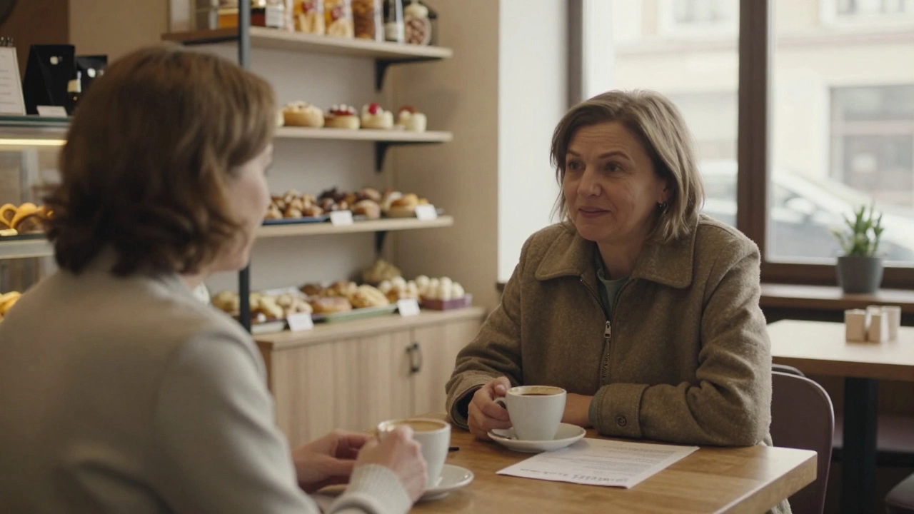 Жінка 50+ розмовляє з власником кав’ярні про роботу