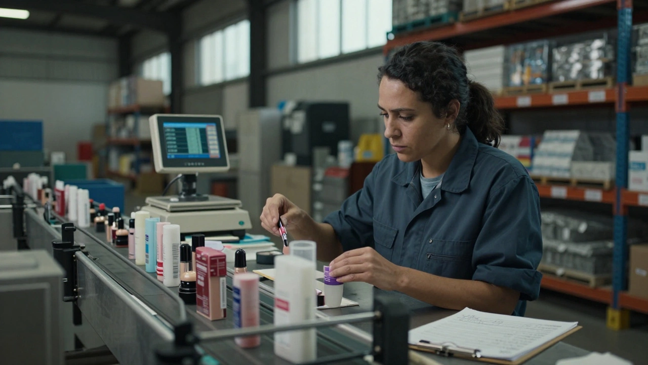 Жінка-контролер перевіряє косметичні товари на конвеєрі на складі.