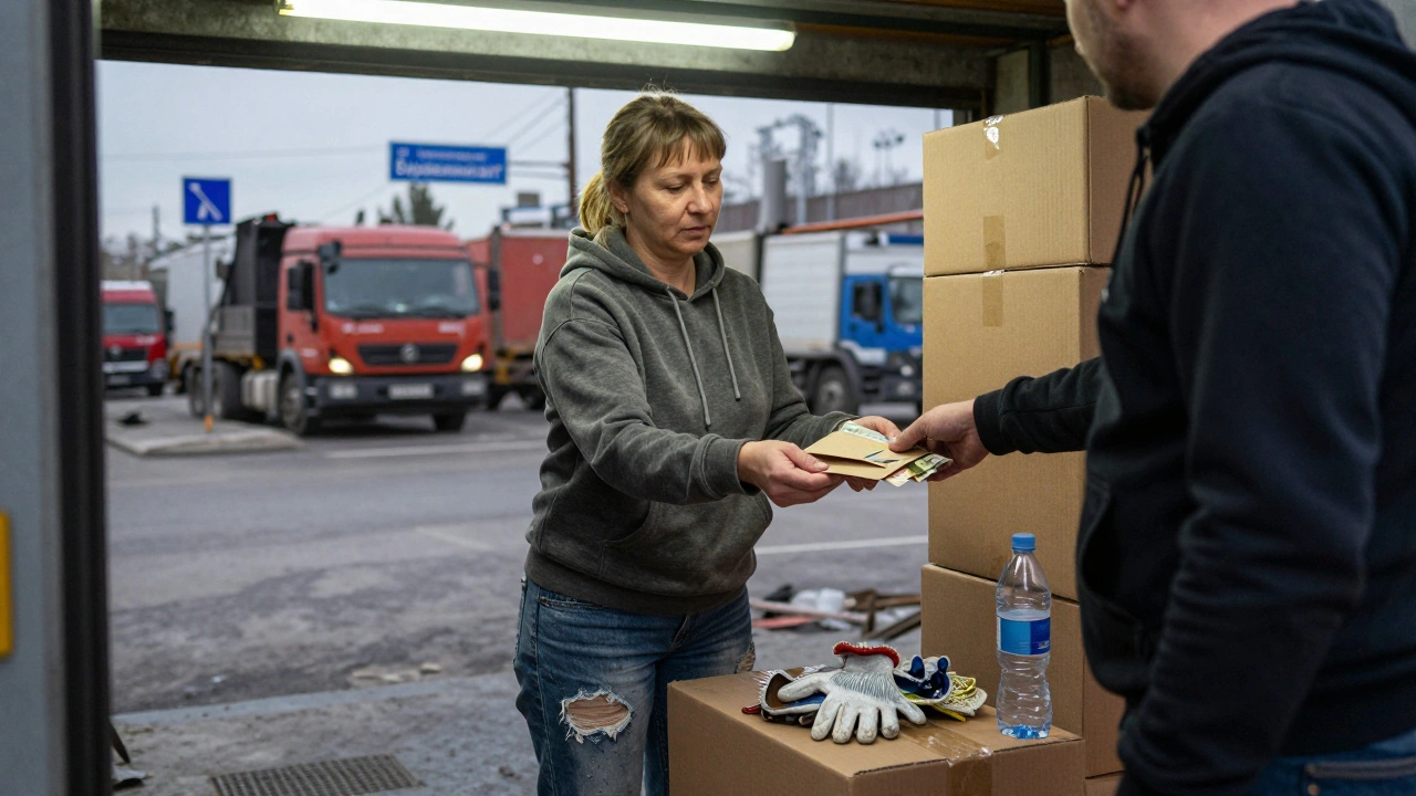 Жінка отримує готівку за роботу на складі в Солом’янському районі Києва.