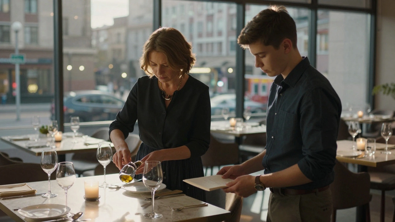 Жінка та підліток працюють разом у елегантному ресторані Києва, поліруючи скло та приймаючи замовлення.