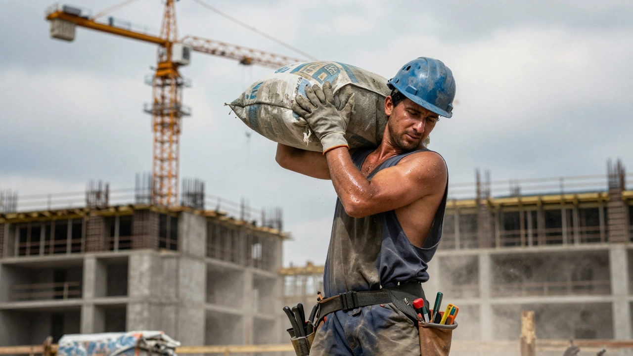 Будівельник піднімає мішок з цементом на будівельній майданчику в Троещині, Київ.