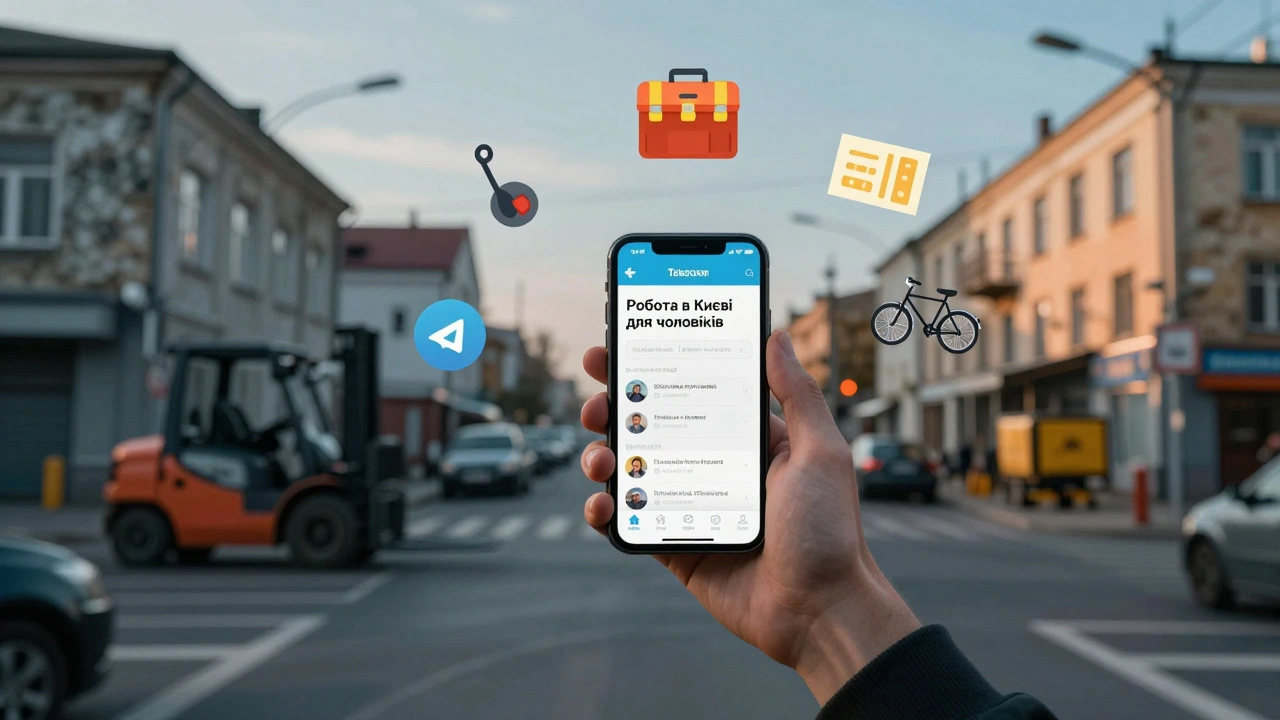 Чоловік дивиться на телефон з вакансіями в Києві, навколо нього символи робіт: вантажівка, електрик, велосипед.