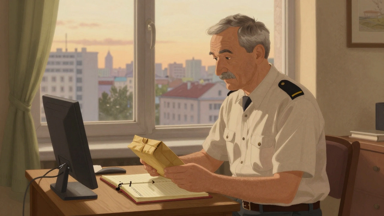 Чоловік-консьєрж сидить за столом у багатоповерхівці, тримаючи посилку.
