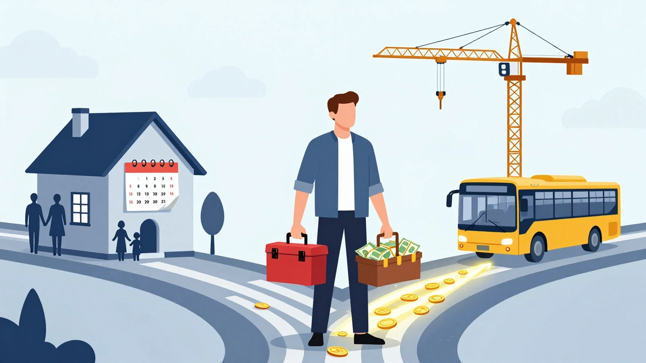 Чоловік на розі шляхів: один шлях — сім'я, інший — будівництво, з грошима в валізі.