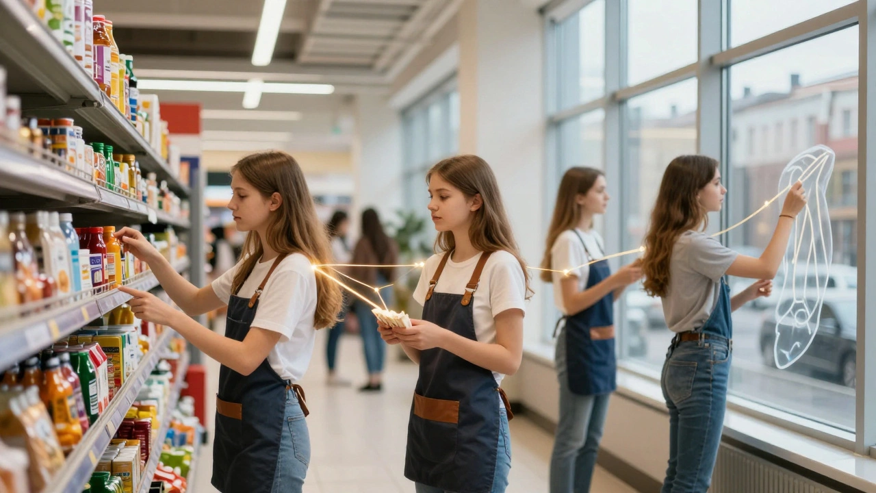 Група підлітків працює різними професіями в Києві: мерчендайзер, прибиральниця, консультант.