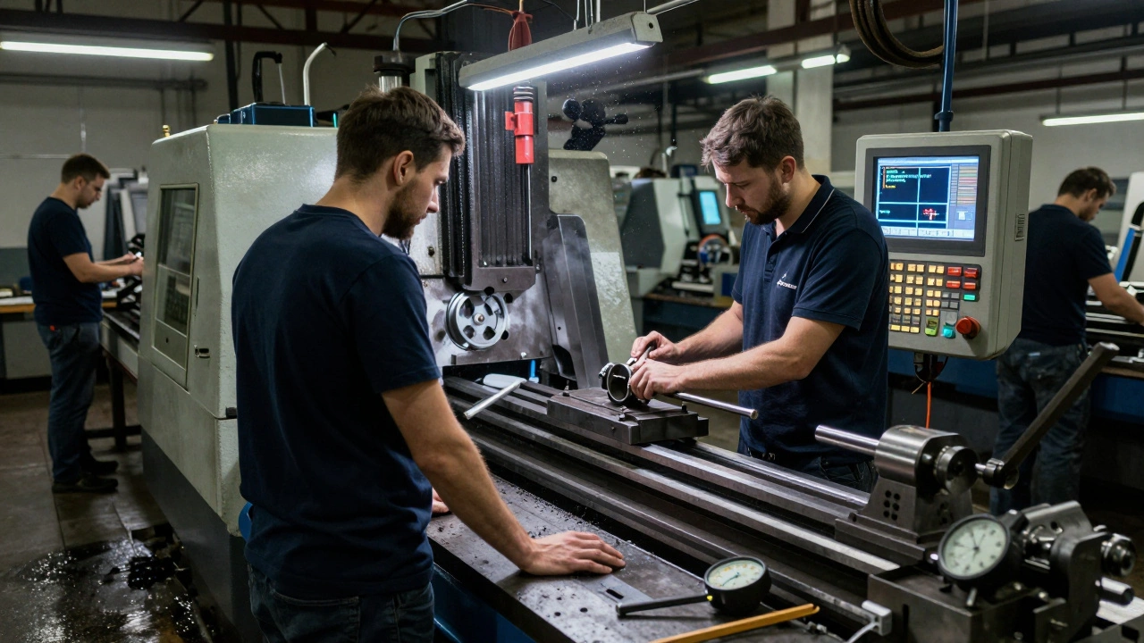 Група токарів працює з ЧПУ-верстатом у промисловому цеху Києва.