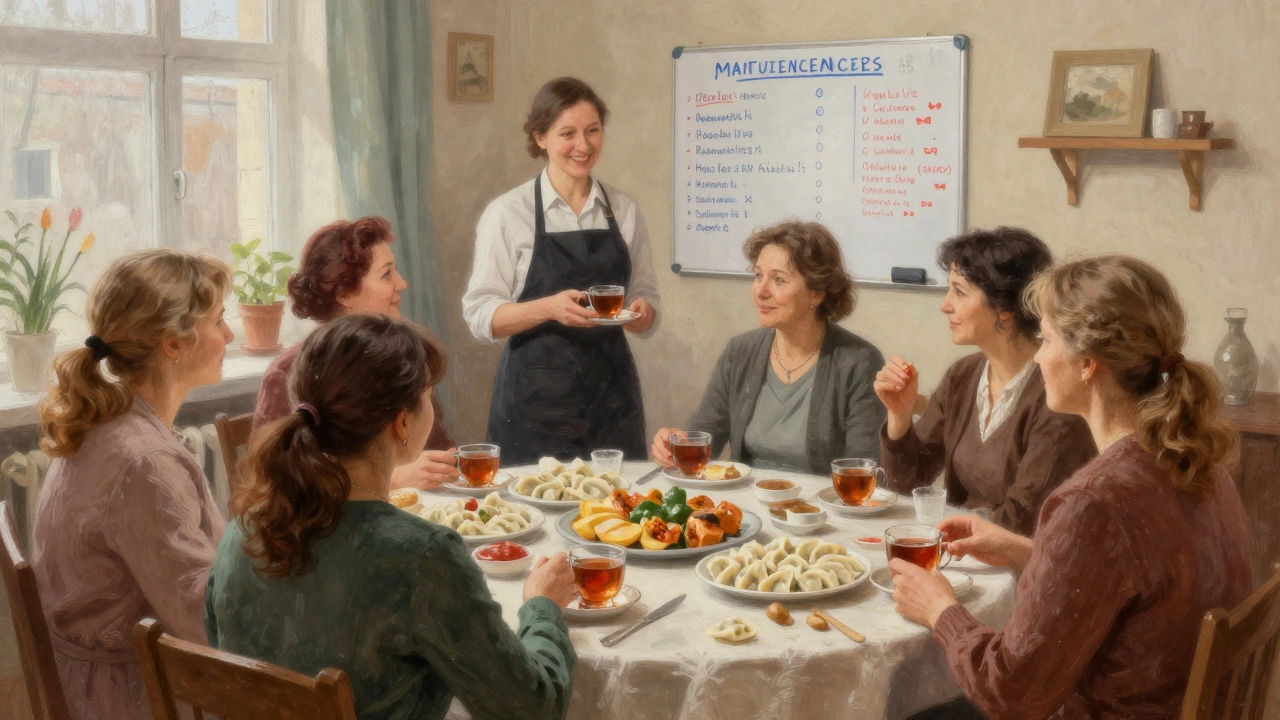 Група жінок і консьєрж разом п’ють чай і їдять вареники у спільній кімнаті будинку.