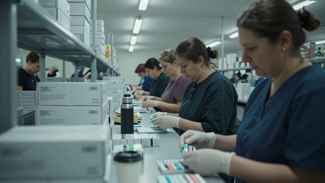 Група жінок працює на фармацевтичному складі, скануючи ліки під штучним освітленням.