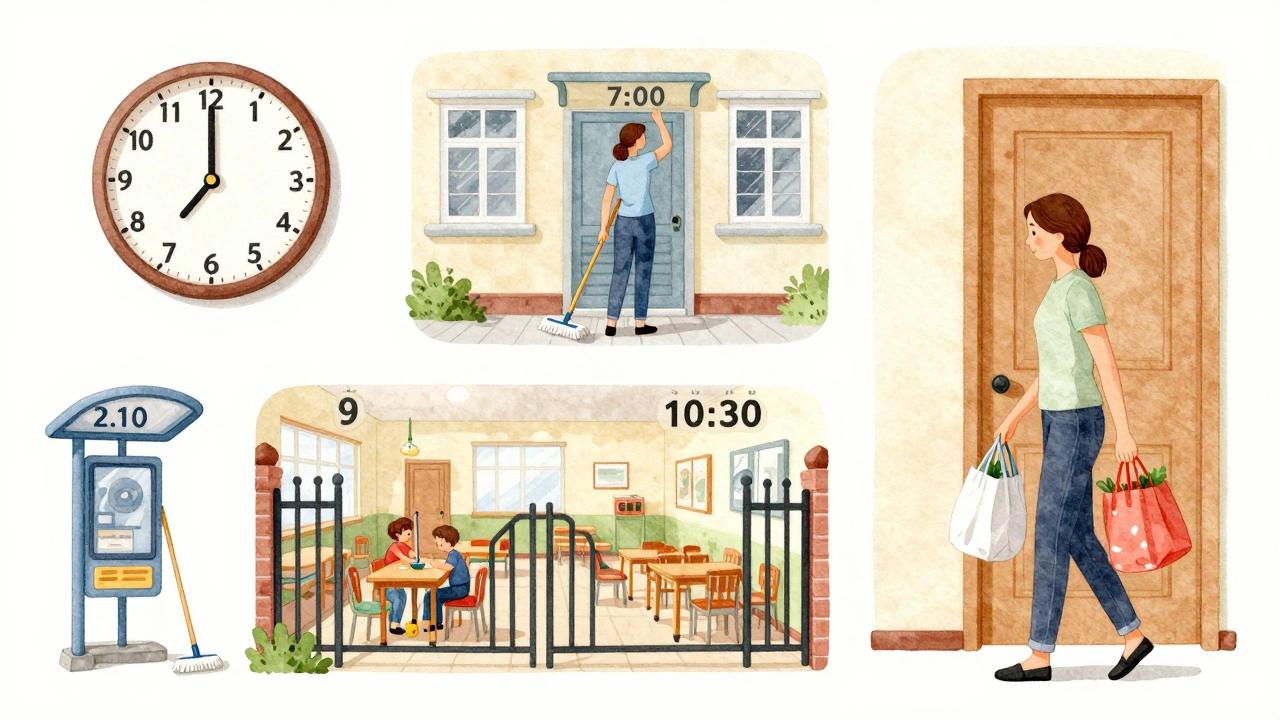Концептуальна схема дня прибиральниці: від ранку до дому з символами роботи та відпочинку.