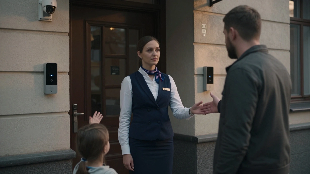 Консьєрж відмовляє незнайомцю у вході, дитина хвилюється ззаду, видно системи безпеки.