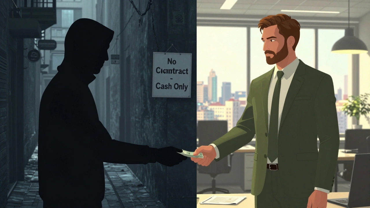 Контраст: зліва — готівковий обман, справа — офіційна робота з договором і зарплатою в сучасному офісі.