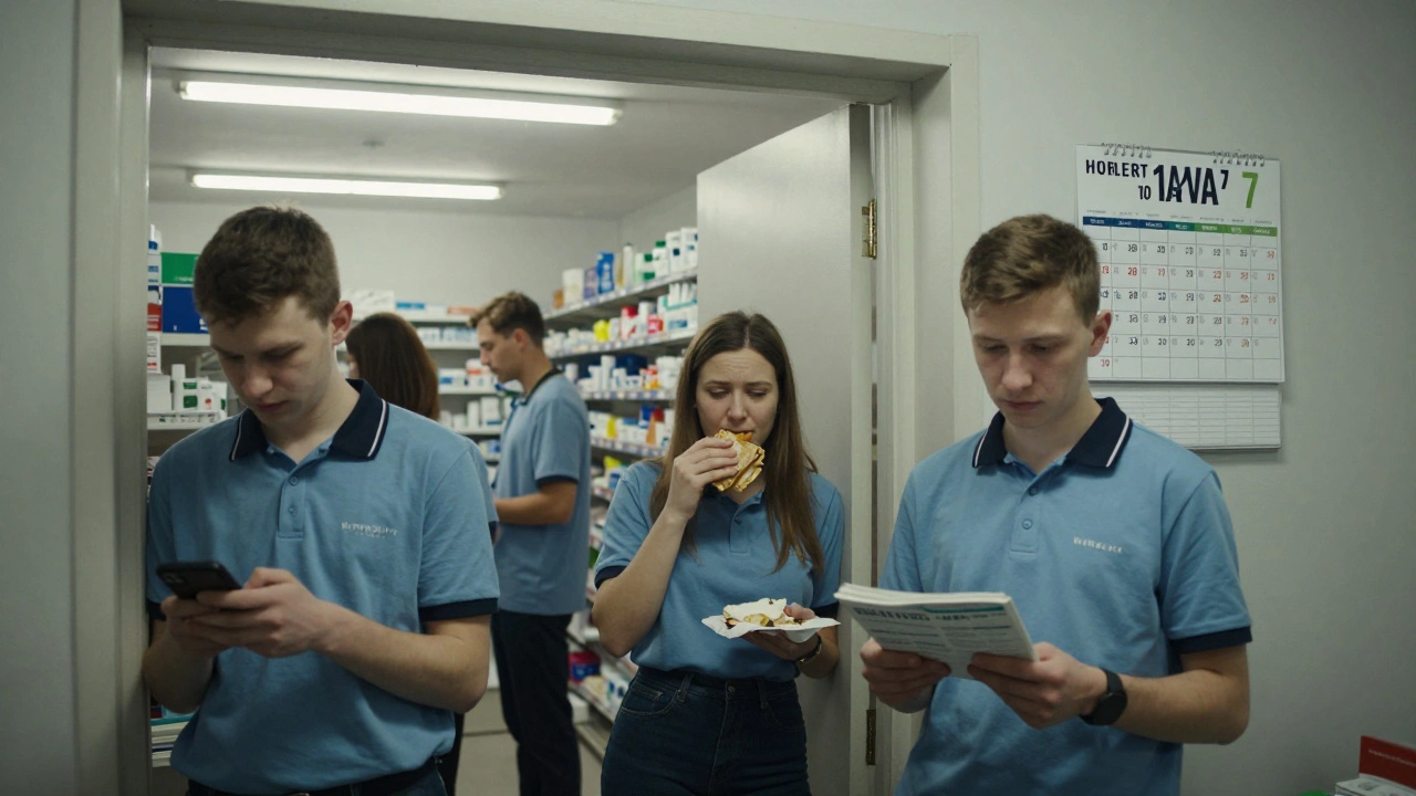 Молоді працівники у перерві у задній кімнаті аптеки, один з них дивиться у телефон.