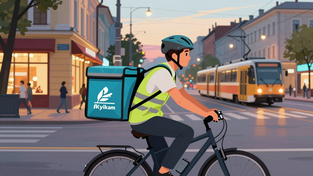 Молодий кур'єр їде на велосипеді з доставкою вночі по вулицях Києва, у формі з відбивачами.