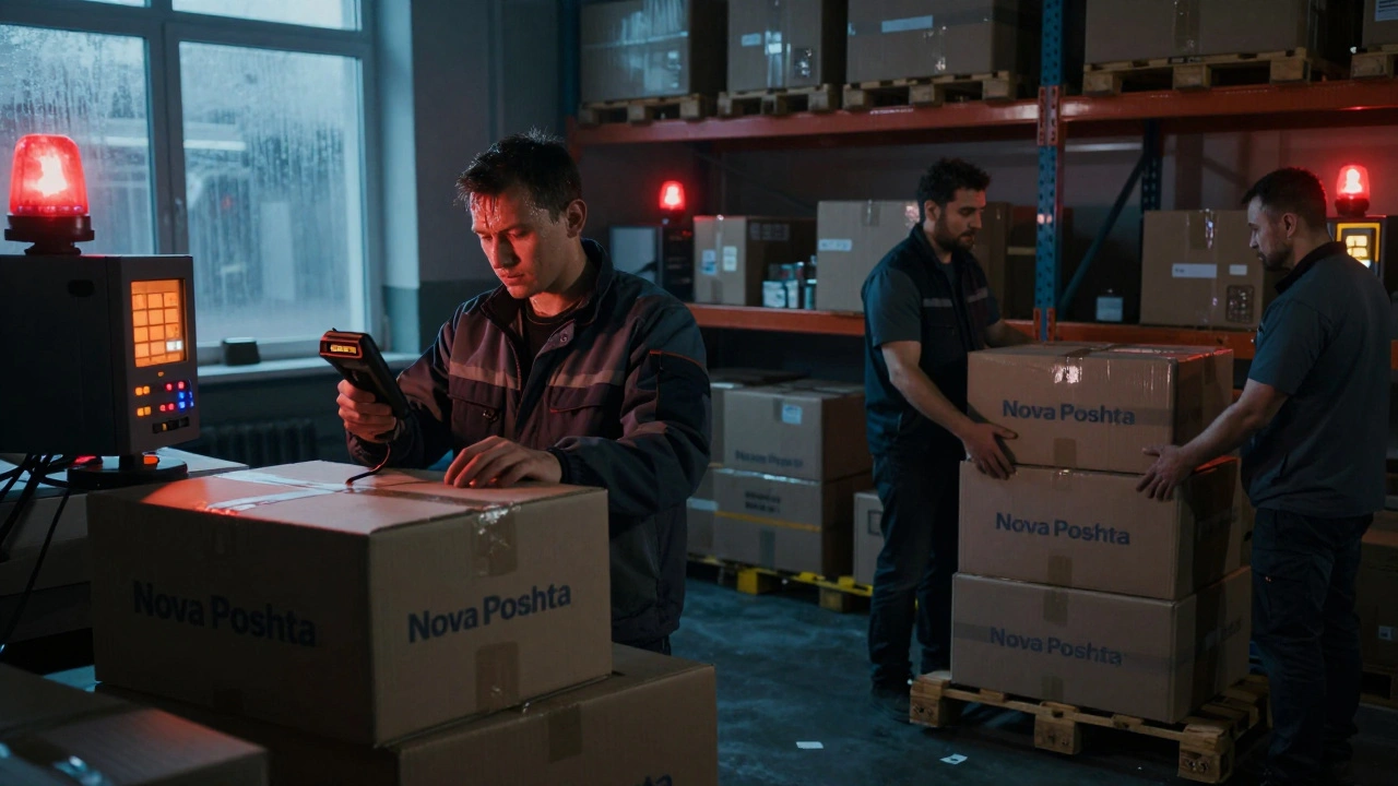 Нічна зміна на логістичному складі в Києві, працівники завантажують посилки.