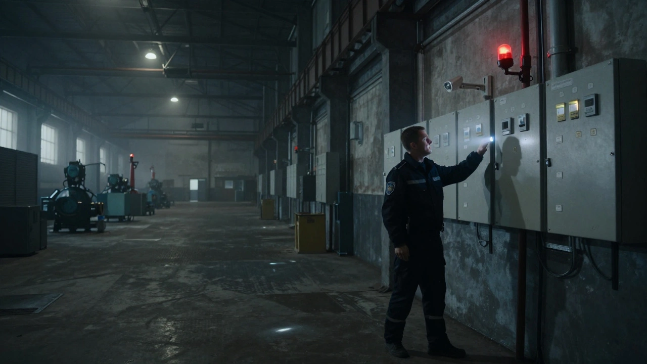 Нічний охоронець робить обхід промислового об'єкта з ліхтарем у Києві.