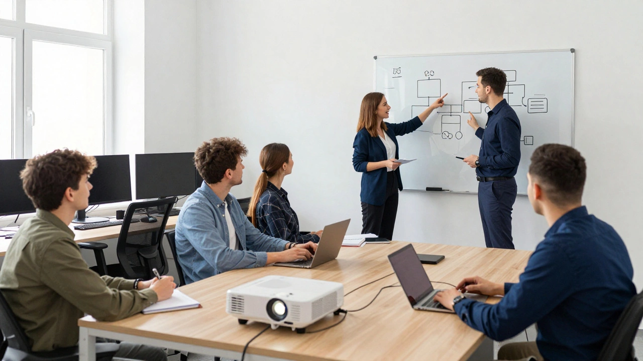 Новачки в IT-офісі Києва на першій зустрічі з ментором, всі активно участвують.